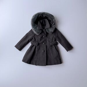 Princess Girls Charcoal Gray Winter Coat with Faux Fur Hood – Size 3T